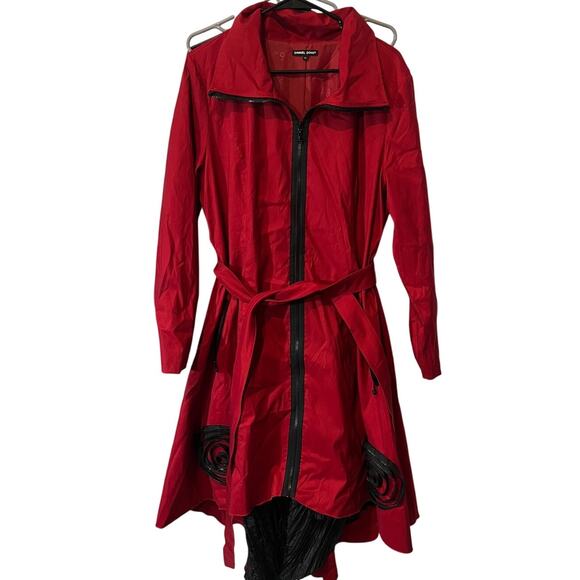 RARE Samuel Dong Red Womens Trench Coat Artsy Designer Crafty Belted Size XL - Picture 1 of 10